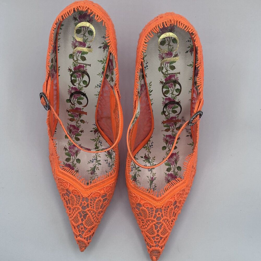 Gucci Virginia Orange Lace Mary Jane Pumps 38 7.5 95mm Crystal Buckle - Picture 8 of 8